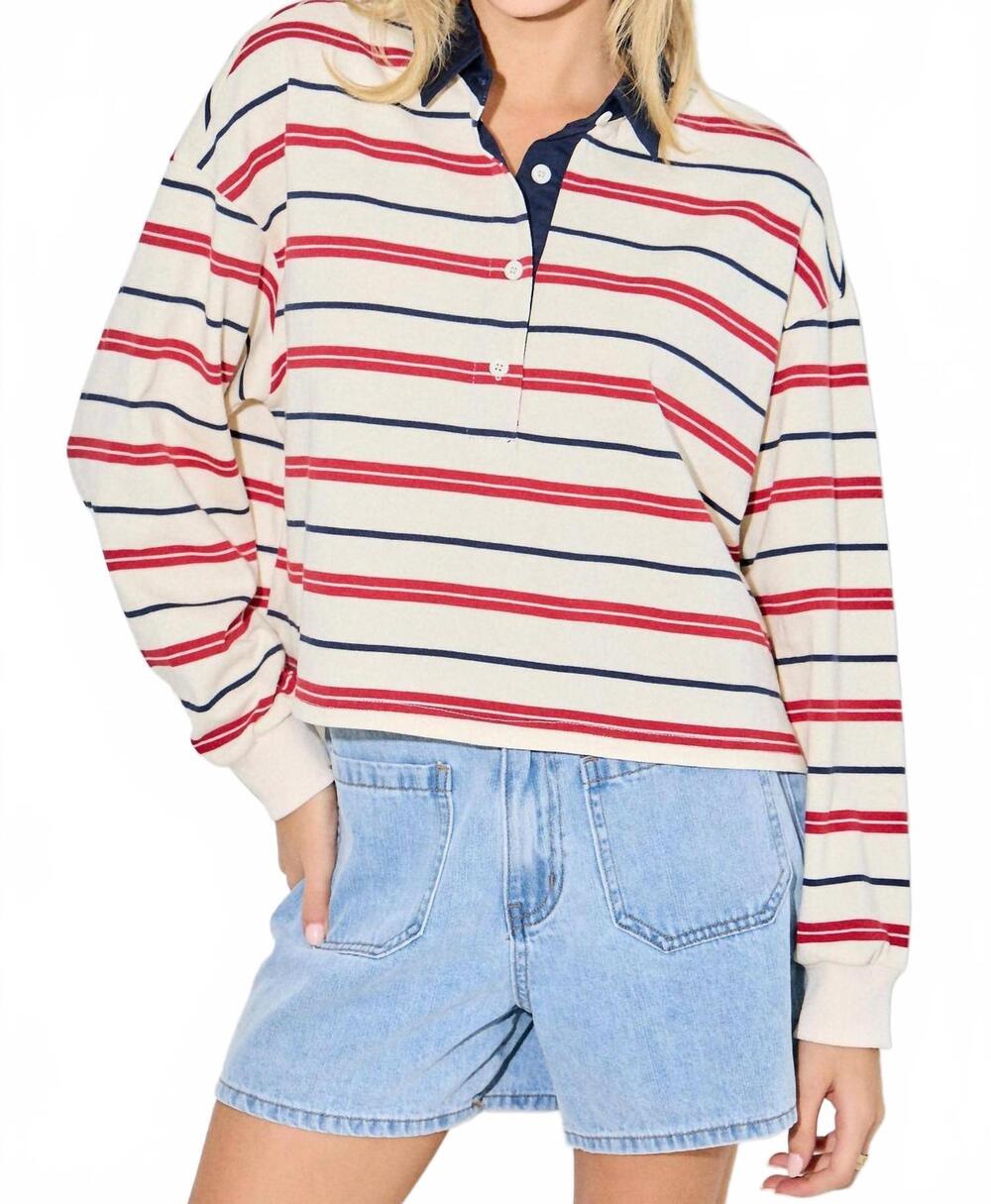 NEW BAEVELY BY WELLMADE retro rugby stripe long sleeve top in cream